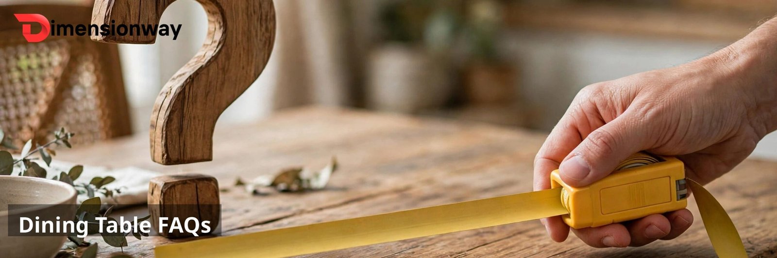 A hand holding a measuring tape across a dining table with a large wooden question mark sign nearby.