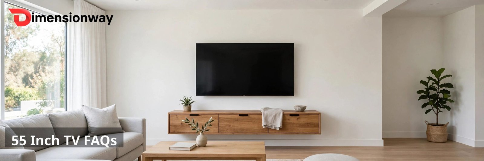 Living room with a 55 inch TV, FAQs section banner.