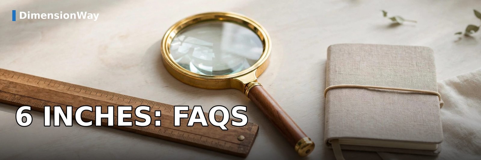 Wooden ruler, magnifying glass and notebook arranged for 6-inch frequently asked questions