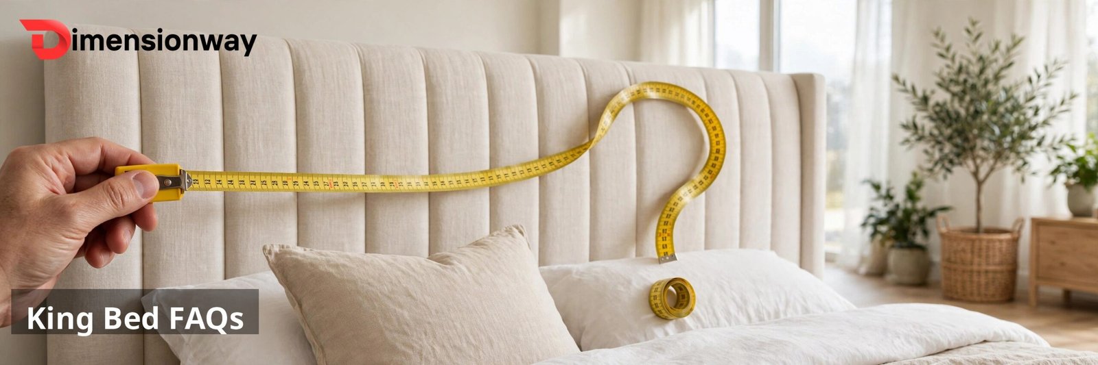A hand holding a measuring tape across the headboard of a king size bed.