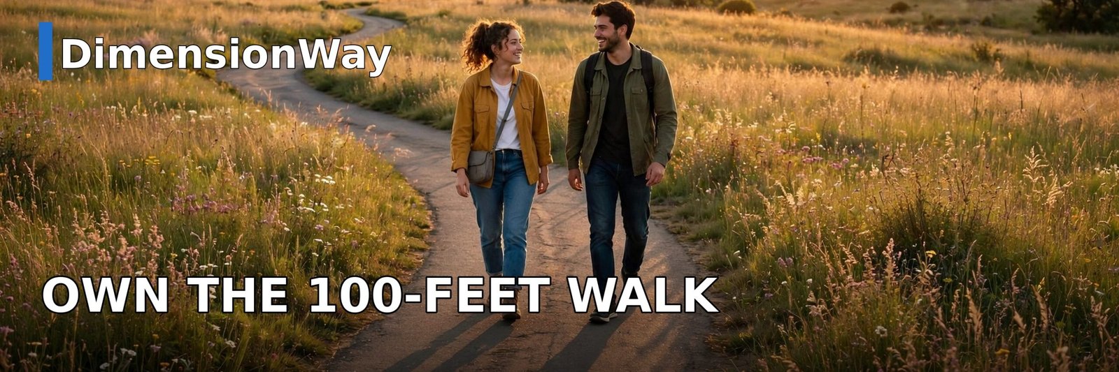 Two friends walking together on a path at sunset after learning how long it takes to walk 100 feet